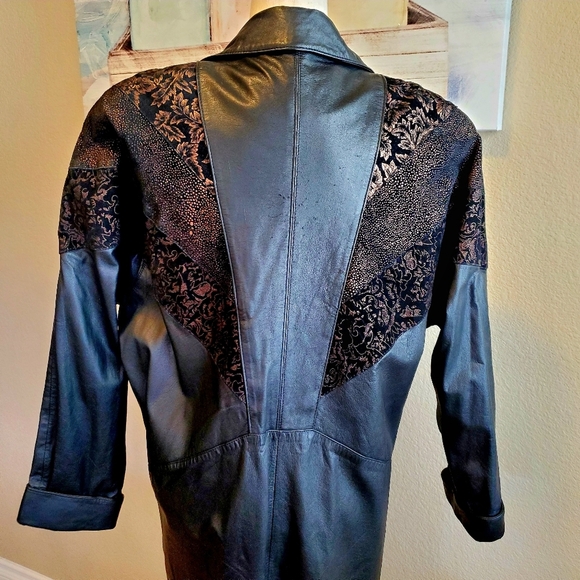 Vintage Leather 47" Trench w/ Botanical Print Shoulder sz M - Picture 5 of 11